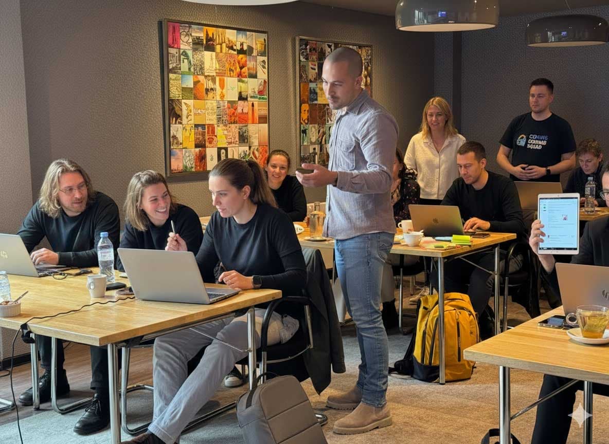 Interactieve AI-training met trainer Luke die deelnemers begeleidt